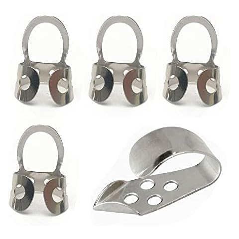 Jiayouy 5Pcs Guitar Thumb Finger Picks Set Stainless Steel Finger Picks for Gutiar Bass Ukulele Banjo Silver A Cover
