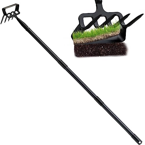 DonSail Cultivator Hoe Garden Tools for Gardening, Heavy Duty Stainless Steel 4 Tine Hand Garden Rake Cultivator and Stirrup Hoe Long Handle for Women Weeding Loosening Digging 30-61 inch