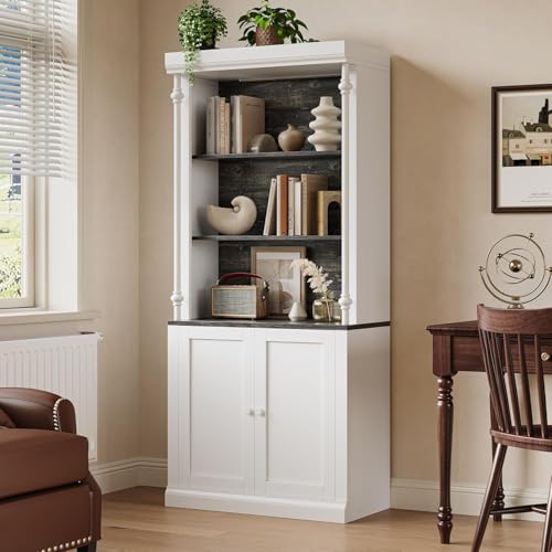 Garvee 71 Inch Tall Storage Bookshelf with 5-Tier Open Shelves, Roman Column Bookshelf with LED Lights, Display Cabinet for Home Office Living Room, White & Grey Grain, with 2 Doors