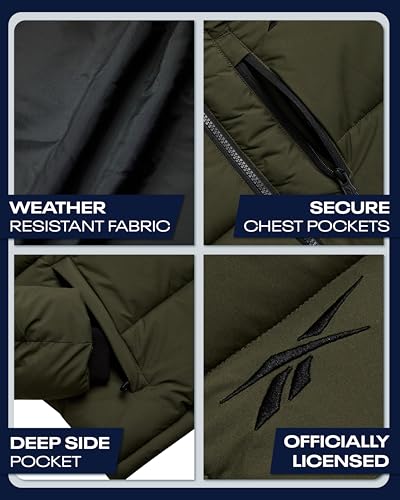 Image of Reebok Mens Jacket - Weather Resistant Winter Jackets for Men Quilted Warm Coat Puffer Jacket with Hood and Pockets