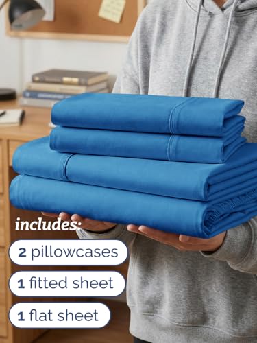 Image of Twin XL 4 Piece Sheet Set - College Dorm Room Essentials - Royal Blue | Ultra Soft Dorm Bedding Set, 8 inch to 16 inch Inch Deep Pockets, 1 Flat & 1 Fitted Sheet & 2 Pillowcases, Wrinkle & Fade Free