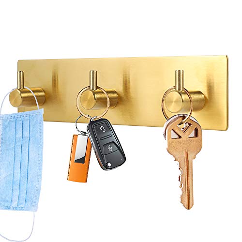 Picowe Key Holder for Wall Decorative, Adhesive Stainless Steel Key Hooks, Key Hanger Key Organizer for Wall, Towel Hook Coat Hanger for Kitchen Bathroom Mudroom Hallway Entryway, Golden Color