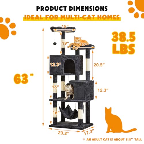Árbol para gatos de interior 63in torre multi-niveles con 2 condos y juguetes miniatura 6