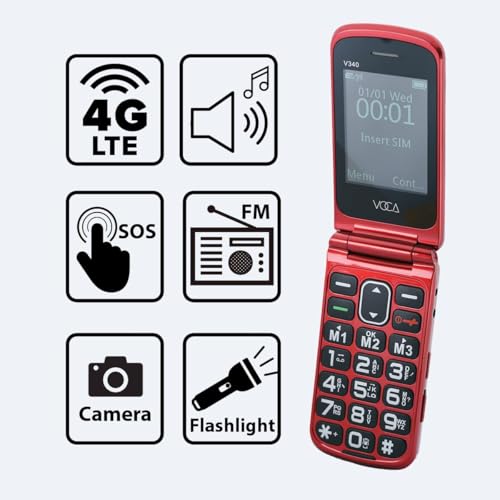 VOCA Big Button Flip Phone for Seniors Elderly | Unlocked 4G LTE | Loud Volume | SOS Button | Speed Dial | Predictive Text | Charging Dock | V340 (Red, Red)