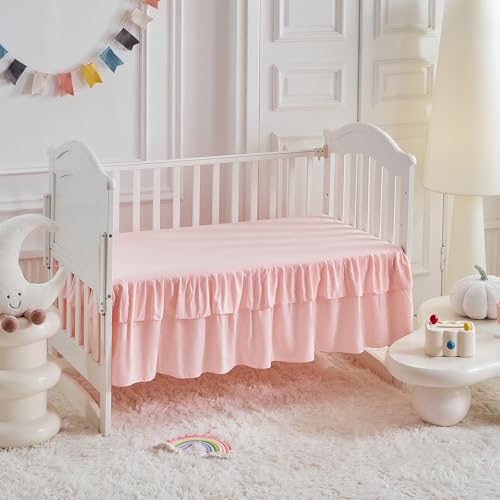 Image of Ruffled Crib Bedding Set Baby Boho Quilted Comforter with Fitted Sheet and Bed Skirt - Cute Soft Breathable Seersucker Ruffled Shabby Chic Bedding Soft Blanket Design - Pink
