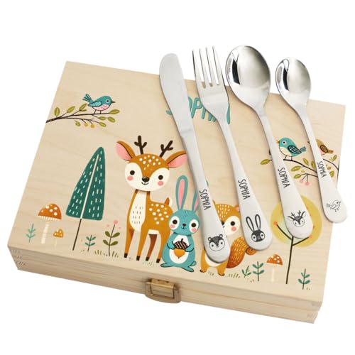 Couverts enfant personnalisés avec coffret imprimé - Motif Forêt enchantée - Cadeau de naissance, cadeau anniversaire, cadeau baptême