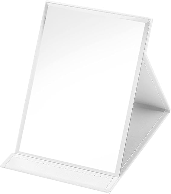 ZHIQIN Mirror Portable Folding Travel Mirror Multi Stand HD Mirror Makeup Mirror with White PU Leather for Office Desk Vanity Table Travel Camping Foldable Mirror (21*15cm)