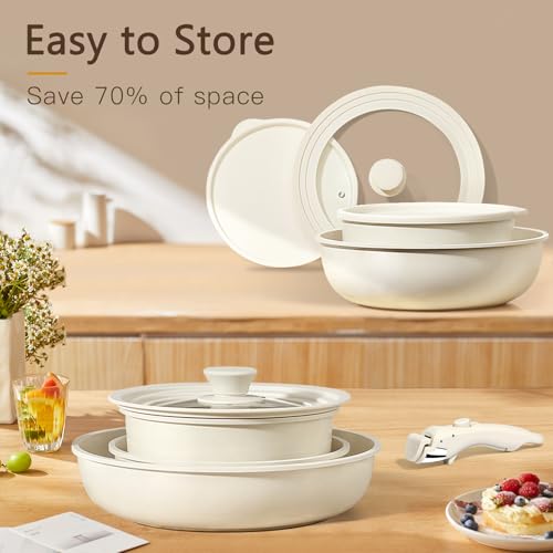 Image of GiPP Ceramic Pots and Pans Set Non Stick, Nonstick Detachable Handle Cookware Sets, Healthy Non Toxic PFAS PFOA & PTFE Free, Dishwasher &Oven Safe, Induction Kitchen Pot and Pan, 15 Piece Cream
