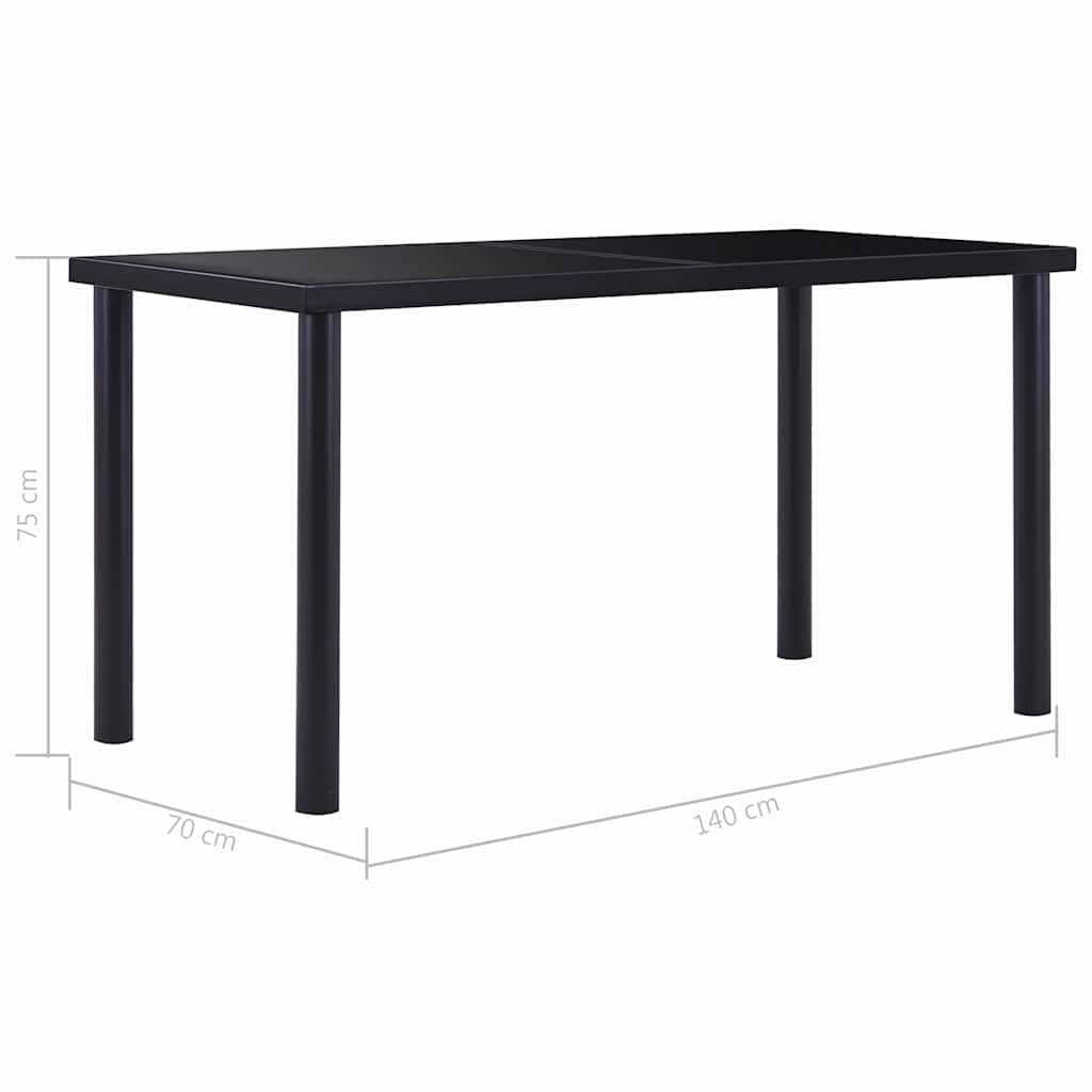 Table à manger noire avec verre trempé - 140 x 70 x 75 cm - Cadre en métal - Table à manger stable pour cuisine, salle à manger, balcon, terrasse, jardin, salon