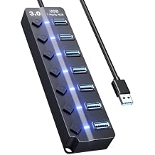 USB Hub 3.0, Eanetf 7 Port USB hub with LED Individual On/Off Switches and Extended Long Cable for MacBook, Mac Pro, Mac mini, iMac, Surface Pro, XPS, PC - 4ft