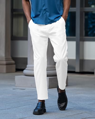 COOFANDY Men's White Pants Casual Flat-Front Expandable Waist Chino Slack Trousers Classic-Fit Fashion Pants