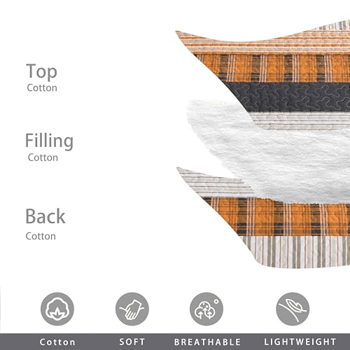 Image of Homzard 100% Cotton King Size Quilt Set Striped Plaid Orange Black Bedspread Set Summer Lightweight Farmhouse Washable Bedding Comforter Set 3 Pieces