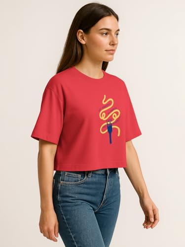 Image of HELLCAT Beige Printed Loose Fit Crew-Neck Crop T-Shirt for Women
