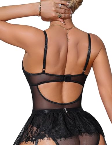 Image of Lace Garter Lingerie Set Underwire Push Up Lingerie Set Stockings