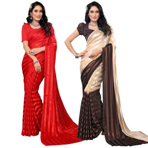 Women's Multicolor Satin Striped Printed Saree with Unstitched Blouse Piece (Pack of 2) P2_MD_RS_WB_SAT6001_2_WB_SAT6002_11_BZ