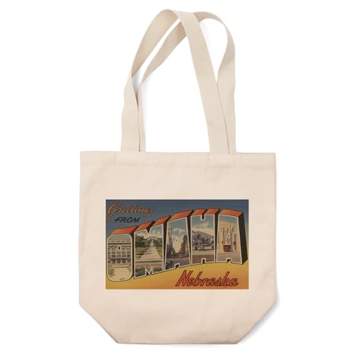 Lantern Press Greetings from Omaha, Nebraska (Blue/Yellow) (100% Cotton Canvas Reusable Tote Bag)