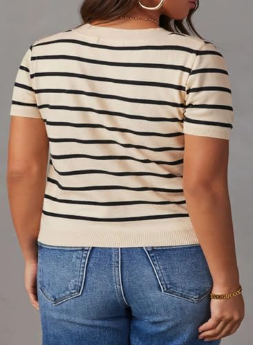 Image of Eytino Women Plus Size Sweater Tops Short Sleeve Crewneck Striped Tshirts Casual Summer Blouses Shirts(1X-5X)