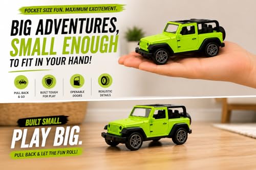 Image of Braintastic Model Diecast Car Toy Vehicle Pull Back Friction with Openable Doors Light & Music Toys for Kids Age 3+ Years (Thar Jeep Small Green)
