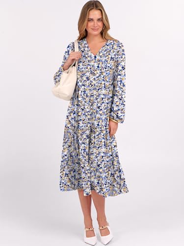 Image of ANRABESS Womens Fall Long Sleeve Boho Floral Tiered Midi Dress | V-Neck Lantern Sleeve A-Line Dresses with Pockets, Comfy Stretchy, Casual Work Vacation Daily Wear, Winter Spring Outfits