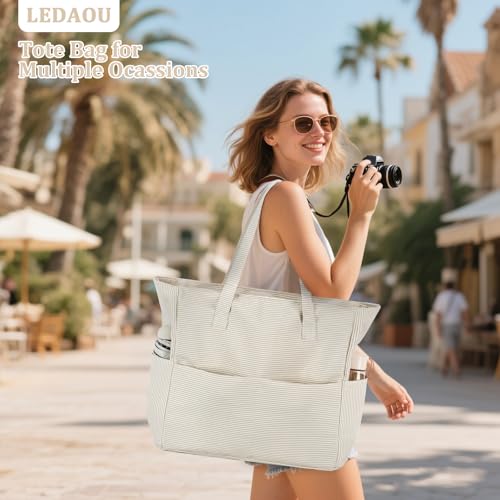 Image of LEDAOU Large Beach Tote Bag Women Waterproof Sandproof Zipper Beach Tote Bag for Pool Gym Grocery Travel with Wet Pocket | Sandproof