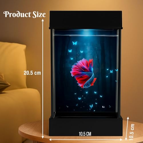 Image of VAYINATO Transparent Narrow Acyrlic Betta Fish Tank (Black) with Multi Color Changing USB LED Light | Easy to Clean and Maintain | Mini Portable Fish Tank (1 Liter Capacity)