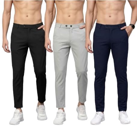 Image of Men Slim Fit Formal Trousers | Stylish Ankle Length Stretchable Office Pants | Men's Comfortable Slim Fit Trousers Combo Pack of 3