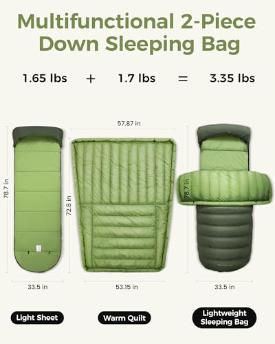 Image of ATEPA Down Sleeping Bag for Adults, Recycled Ultralight 35F 40F 45F 50F 650FP / 700FP 3 Season Compact Sleeping Bags with Compression Sack for Backpacking Camping Hiking, Can Be Attached to Pad