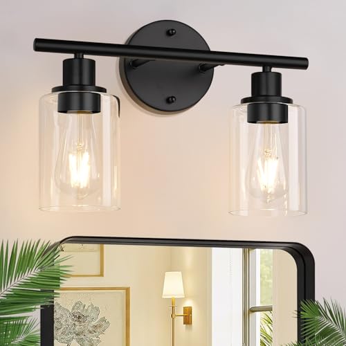 Image of Zarbitta 2-Light Bathroom Light Fixtures, Black Modern Vanity Lights with Clear Glass Shade, Bathroom Wall Lamp for Mirror Kitchen Living Room Hallway Cabinet Porch