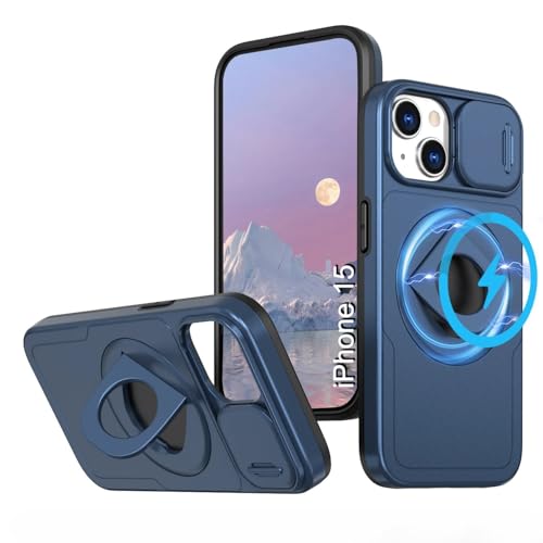 Image of LuxuryKase MagSafe Shockproof Rugged Back Case for iPhone 15 | Finger Ring Kickstand & Sliding Camera Cover | Military Drop Protection | Wireless Charging Support - Blue