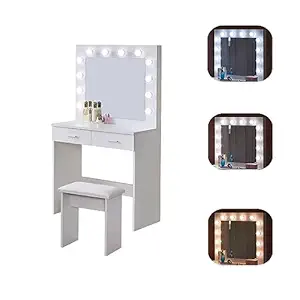 OFCASA White Dressing Table with Hollywood LED Lights Mirror and Stool 2 Drawers Girls Makeup Desk with Storage for Bedroom