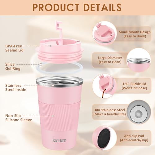 KETIEE Kaffeebecher to go,380ml Thermobecher Kaffee-to-go,Kaffeebecher Thermo,Doppelwandig Reisebecher Travel Mug,Vakuum Isolierbecher mit auslaufsicherem Deckel für Kaffee und Tee,Rosa 3