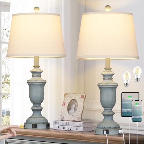 Cinkeda 25.6' Coastal Table Lamps Set of 2 with USB C+A Ports & AC...