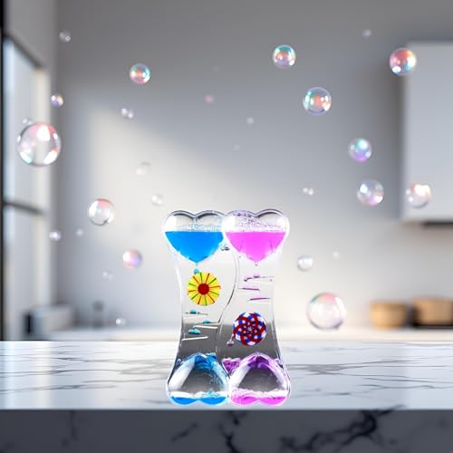Blue Pink Double Heart Liquid Motion Bubble Drip Oil Hourglass Timer Clock Gift Double Heart Liquid Motion Bubble Drip Oil Hourglass Timer Kitchen and Dining