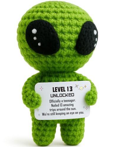 13th Birthday Decorations for Boys Handmade Crochet Alien Figure Teen Card