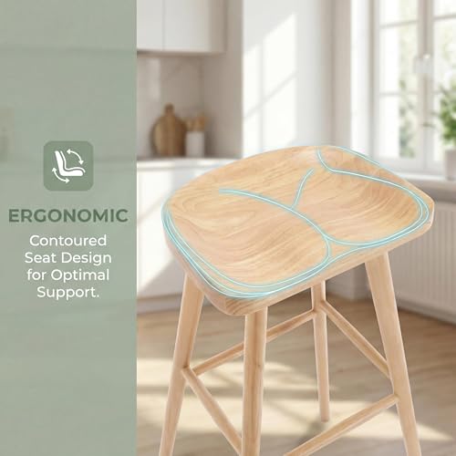 Image of HNY Backless Counter Height Bar Stools Set of 2, 24'' Rustic Farmhouse Wooden Saddle Stools Ergonomic-Seat Bar Chairs, Bar Height Barstools for Kitchen Counter Island, Natural