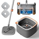 KZKR Spin Mop and Bucket Set with 2 Replaceable Microfiber Mop Pads with Self Separation Dirty and Clean Water System, Self Wringing 360° Rotating Square Mop Head for Hardwood Tile Marble Floors