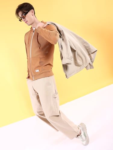 Image of The Indian Garage Co Men Regular Fit Self Design Front Open Hooded Sweatshirt