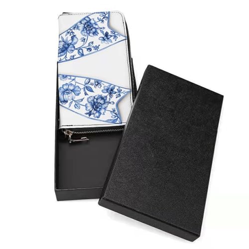 Blue And White Chinoiserie Pattern Bow PU Leather Clutch Long Bifold Wallet, Coin Purse Credit Pass Case, Durable Card-Holder Money Storage for Women Men3