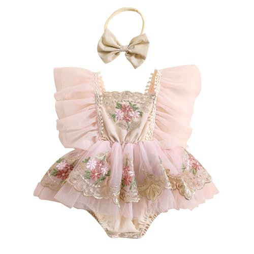 BULINGNA Baby Girl Summer Lace Tutu Romper Dress with Headband Flutter Sleeve Floral Lace Embroidery Skirt Princess Sundress (Pink, 3-6 Months)