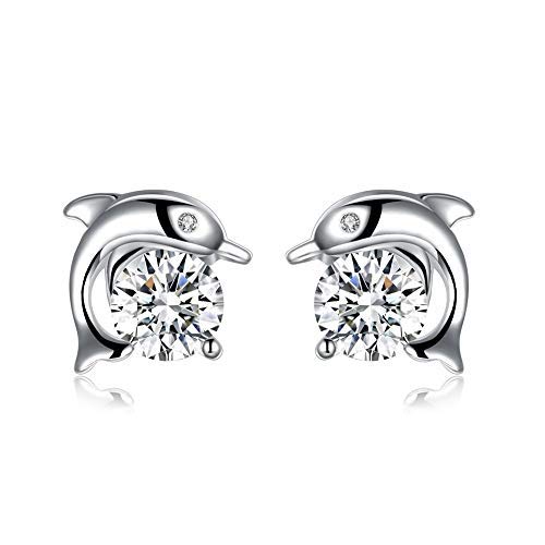 Pendientes Diseño de Delfín de Plata de Ley 925 con Circonitas AAA para regalos a niñas y mujeres originales y románticas