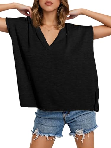 Saodimallsu Womens V Neck Cap Sleeve Sweater Tops Summer Casual Loose Fit Side Split Basic Clothes Shirts