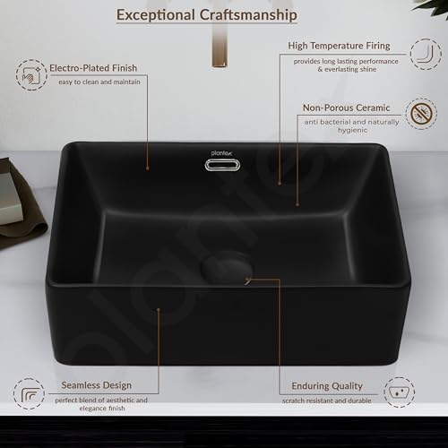 Image of Plantex Basin for Bathroom /Ceramic Washbasin /Rectangle Table Top Wash Basin /Counter Top Basin for Home /Hotel - (Matt Black)