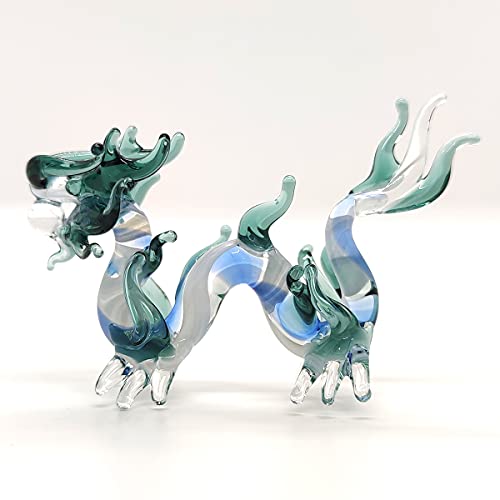Sansukjai Dragon Miniature Figurines Hand Blown Color Glass Art Animals Collectible Gift Home Decor, Green
