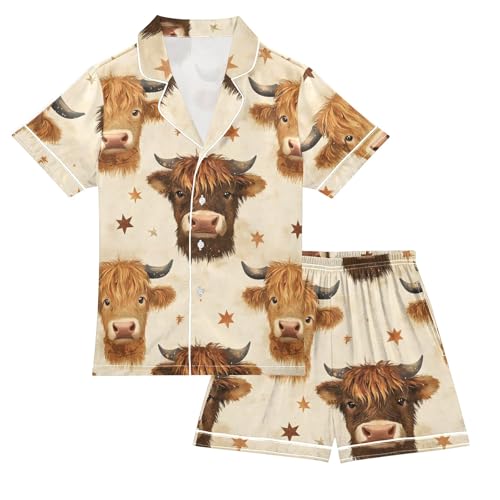 Highland Cow Retro Star Summer Satin Pajama Set, Cute Button-Down Sleepwear Pj Set for Sleep Wears