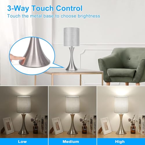 3-Way-Touch-Control-Table-Lamp-Dimmable-Bedside-Desk-Lamp-with-Metal-Base-Modern-Nightstand-Lamp-Stylish-Grey-Shade-Simple-Side-Table-Lamp-for-Bedroom-Living-Room-Office-or-Den-LED-Bulb-Included