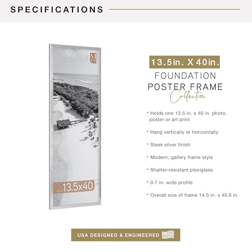 Image of MCS Foundation 13.5x40 Poster Frame Traditional Silver, Vertical & Horizontal Wall Hanging Large Picture Frame for Photos, Panoramics, Posters & Art Prints (1-Pack)