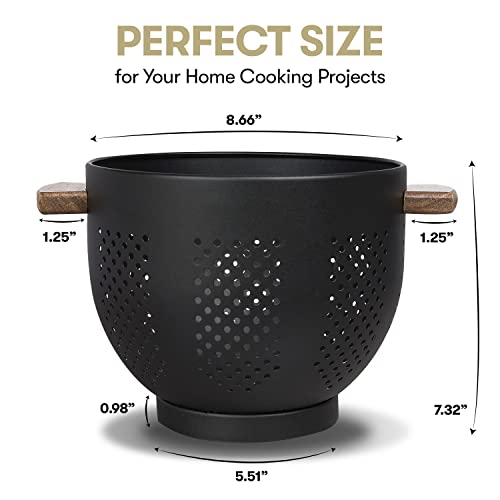 Stainless Steel Colander With Wood Handle | Metal Food Strainer For Washing Pasta Vegetables Fruit Noodles Spaghetti And More | Premium Colanders & Food Strainer | 5.5 Quart Large Matte Black #TOP1