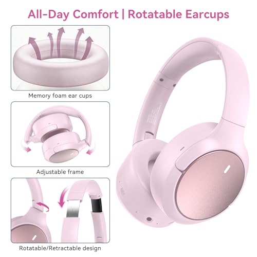 Image of Hybrid ANC Wireless Over-Ear Headphones, 100H Playtime, Hi-Res Audio, Bluetooth 6.0, Multi-Mode Noise Cancellation, Comfort Fit, iOS & Android Compatible, Foldable Design, Travel-Friendly (Pink)