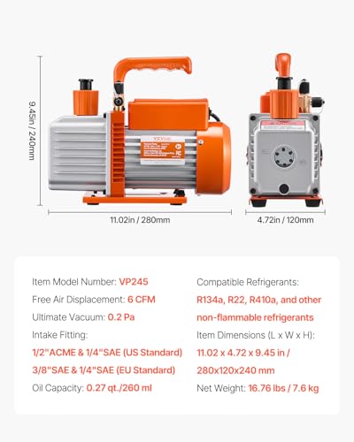 Image of VEVOR Vacuum Pump, 6 CFM, HVAC 2 Stage Rotary Vane Vacuum Pump, for R134a R22 R410a Systems, Auto AC Vacuum Pump Kit with Oil Bottle, for Automotive Air Conditioner Maintenance Resin Degassing
