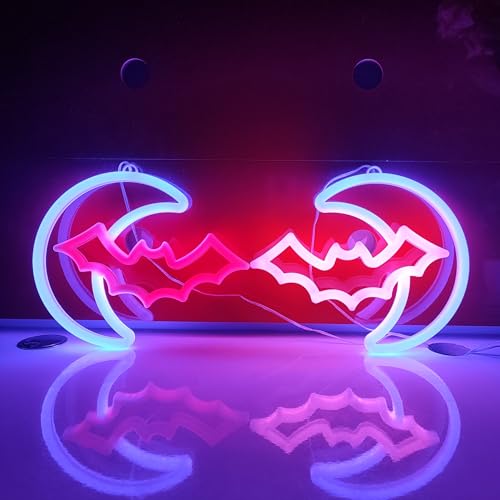 Image of JYWJ Bat Moon LED Neon Signs Desktop Wall Decoration Light | USB or Battery Powered, 3-AA Battery Option, Party Decoration, Business Decor Use, Desktop & Wall Mount
